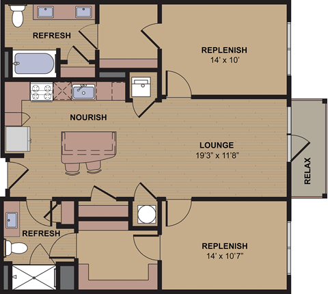 Floor plan for 2 beds, 2 baths, 1064 sqft